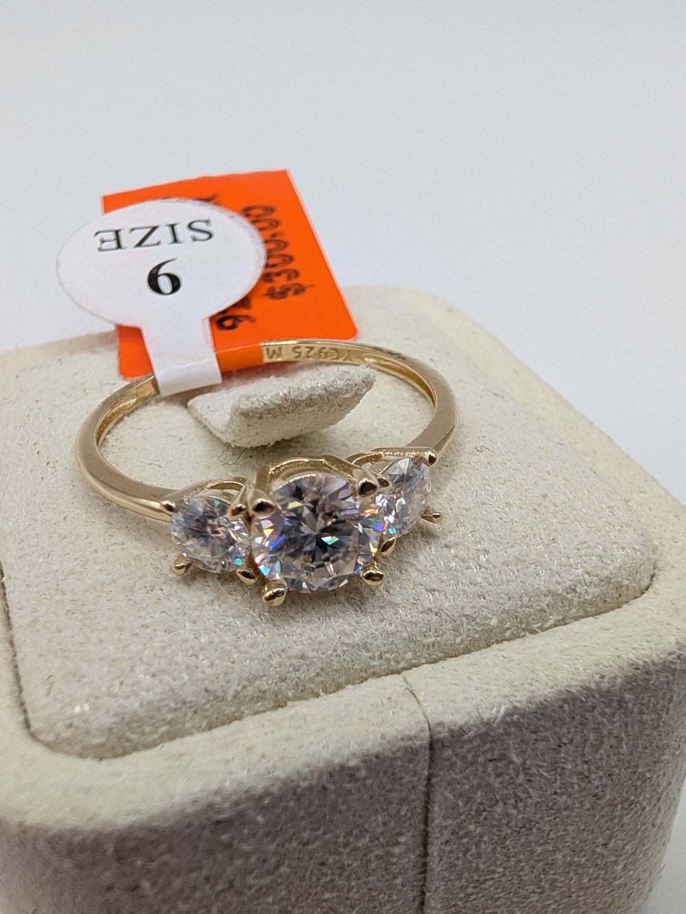 1.30 ctw Moissanite 3-Stone Ring 925 Sterling Silver Gold Plated Size 9 NWT